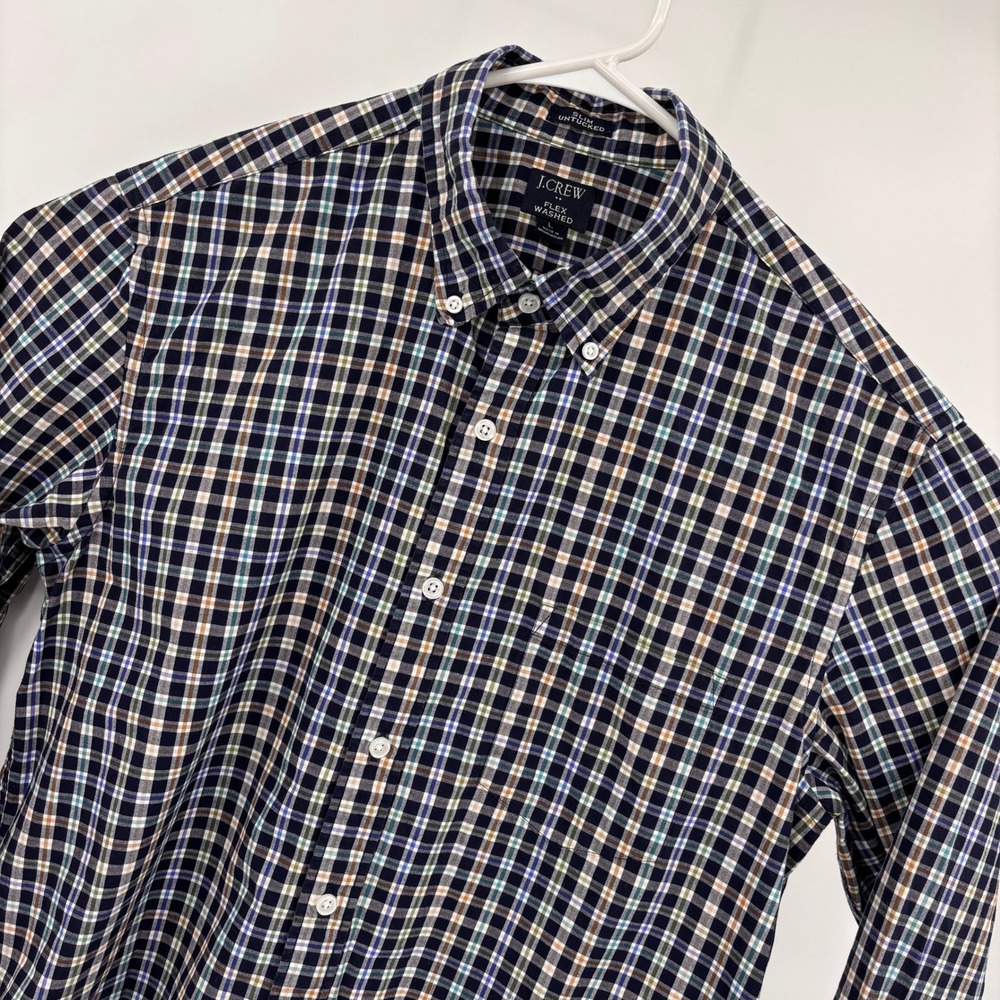 J.Crew Flex Washed Shirt‎ Mens Large Navy Plaid Slim Untucked EUC Button Down